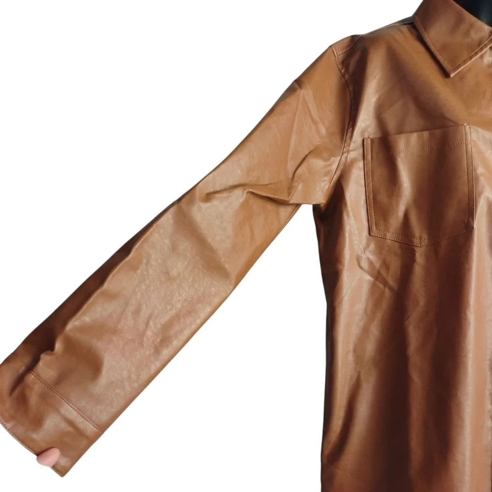 Haptics by Holly Harper Brown Faux Leather Oversized Snap Button Jacket Sz M New